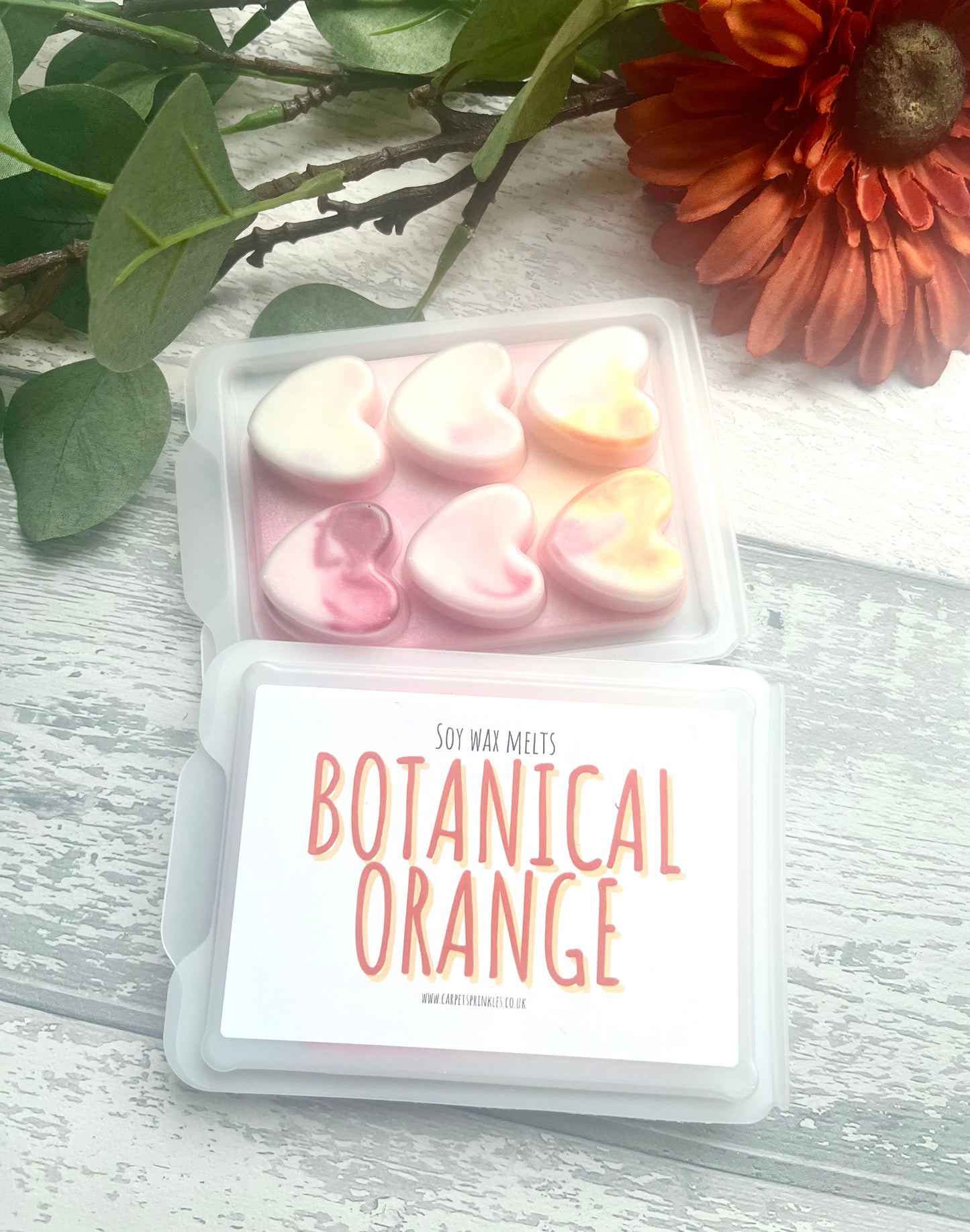 Botanical orange luxury soy wax melts - highly scented,heart clamshell 80gram.